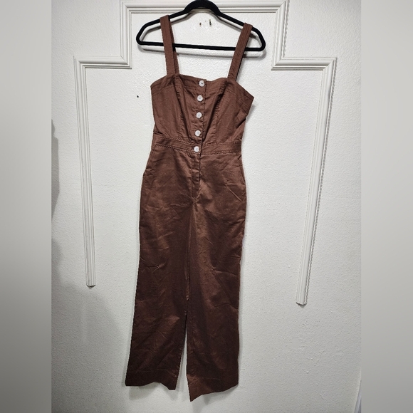 Lulus Practical Charm Brown Twill Button-Front Straight Leg Jumpsuit S Travel - Picture 6 of 10